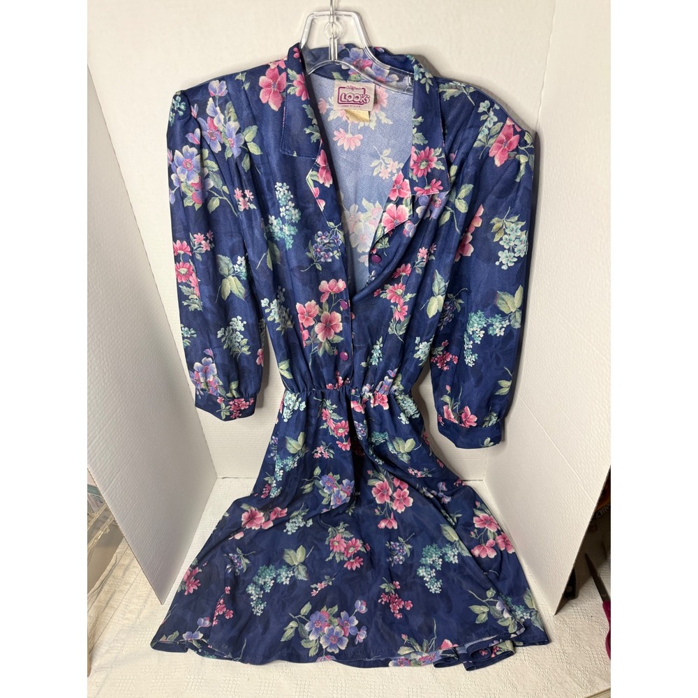 California Look Floral Dress Navy Blue Pink Purple V-Neck Belted Size Medium